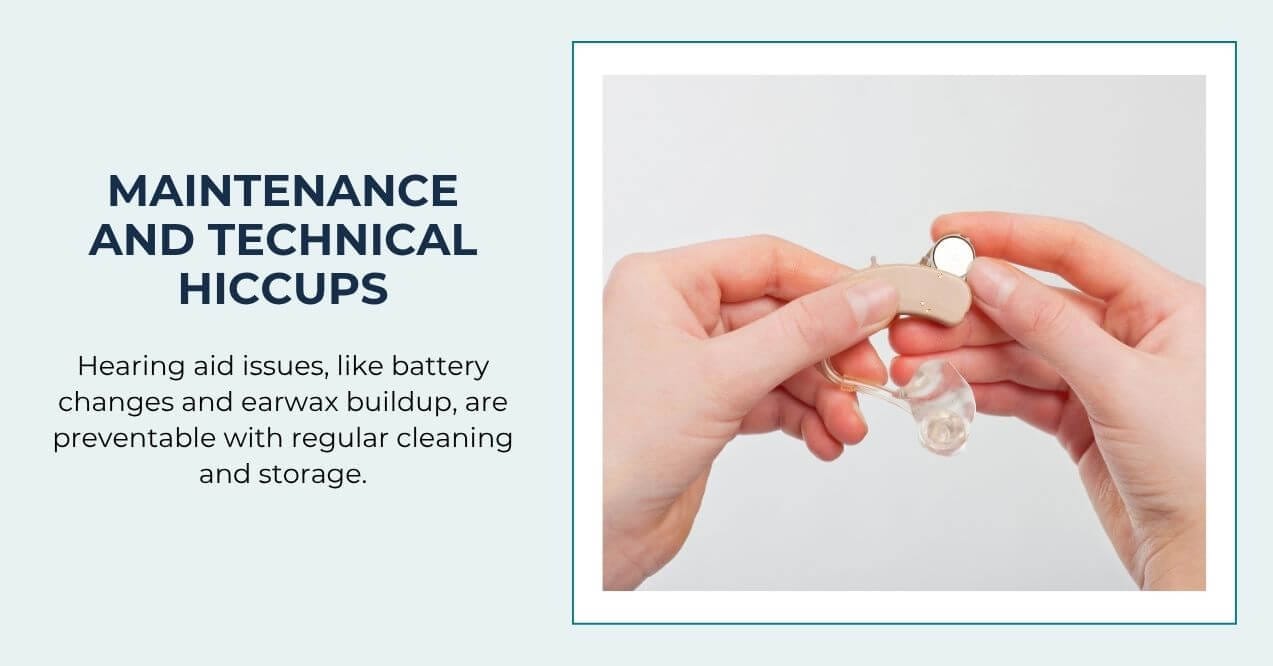 Person holding hearing aid while performing maintenance tasks, like battery change.