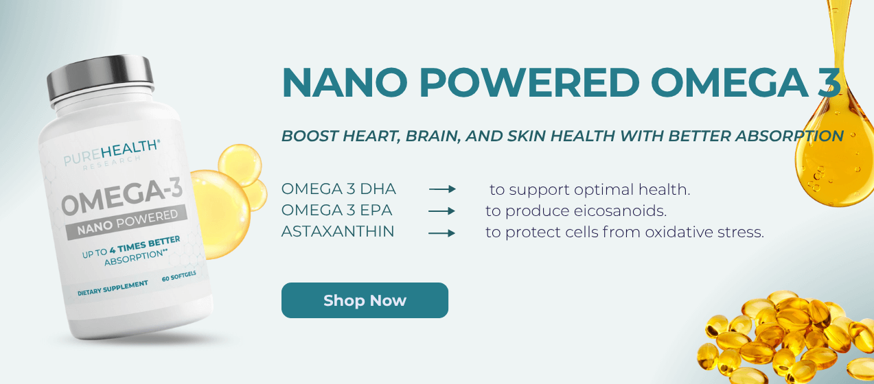 Nano powered omega 3 CTA banner with benefits and ingredients
