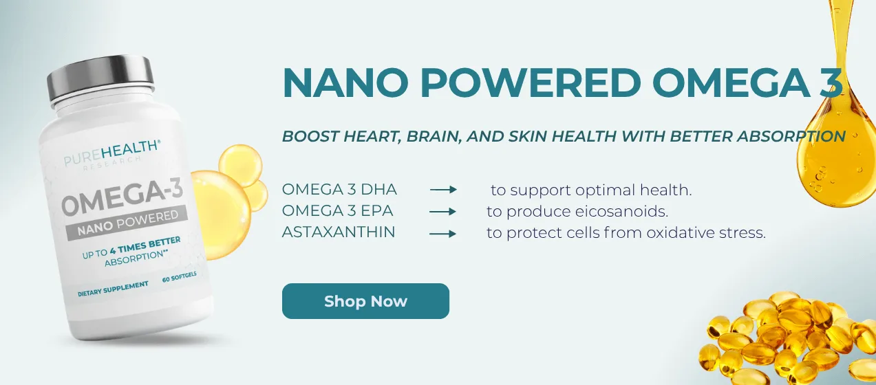Nano powered omega 3 CTA banner with benefits and ingredients