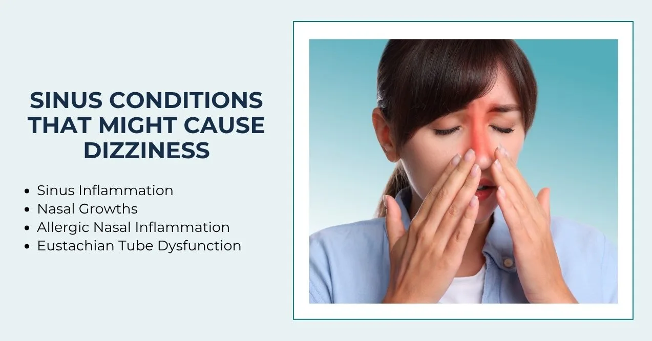 Woman touching nose in discomfort with list of sinus conditions that might cause dizziness.