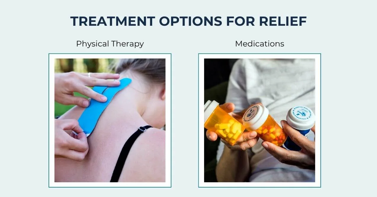 Images showing physical therapy and medication for pinched nerve relief.
