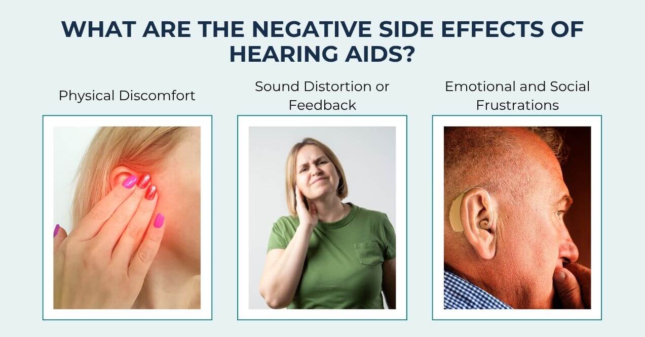 Three images representing discomfort, sound distortion, and emotional frustration with hearing aids.