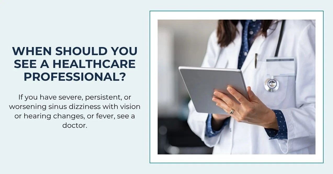 Doctor holding tablet with text advising when to see a healthcare professional.