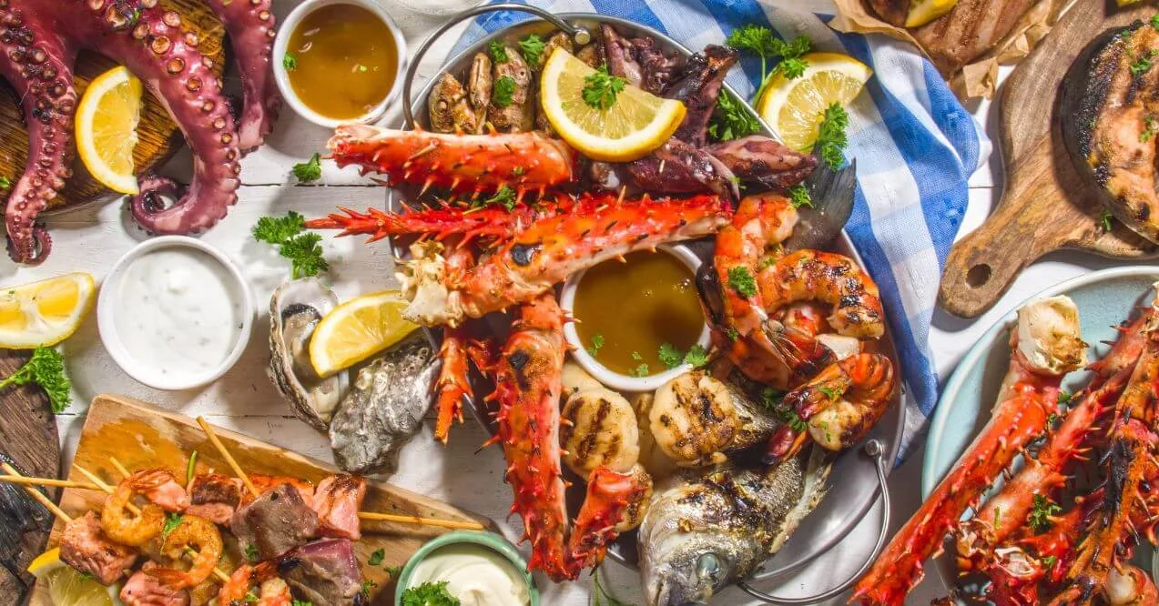 Variety of seafood dishes resembling the topic does seafood make you sleepy
