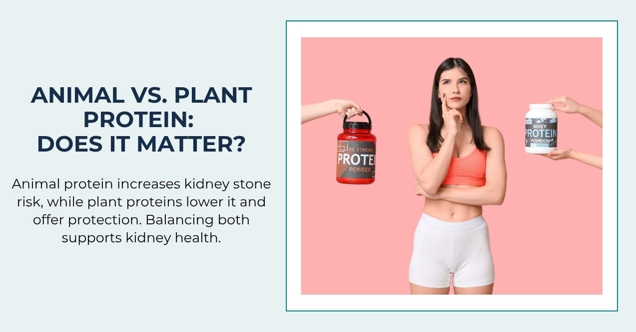 Woman holding two different protein powder containers, one plant-based and one whey.
