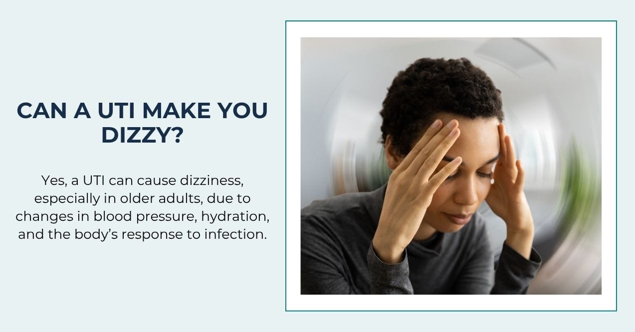 Woman holding head with blurred background, showing dizziness from a UTI.