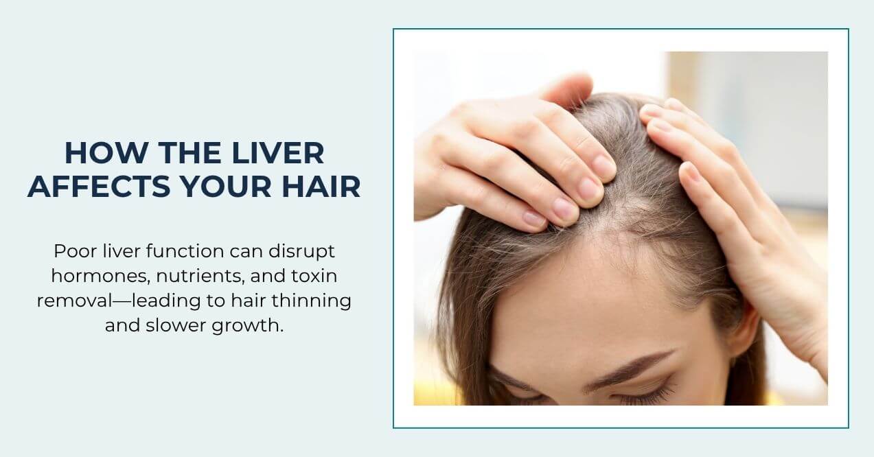 Woman parting hair to reveal thinning area on scalp near the forehead.
