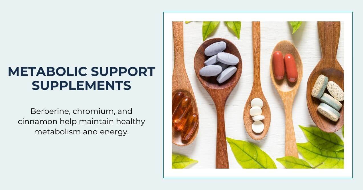 Various metabolic support supplements displayed on wooden spoons