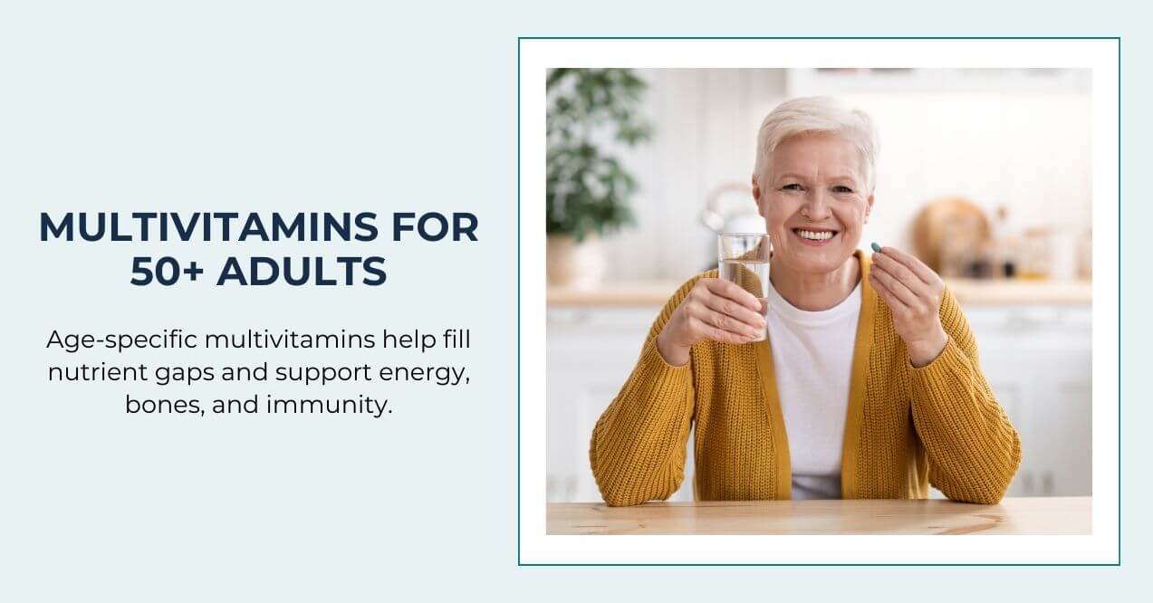 Smiling older woman holding a glass of water and a multivitamin pill