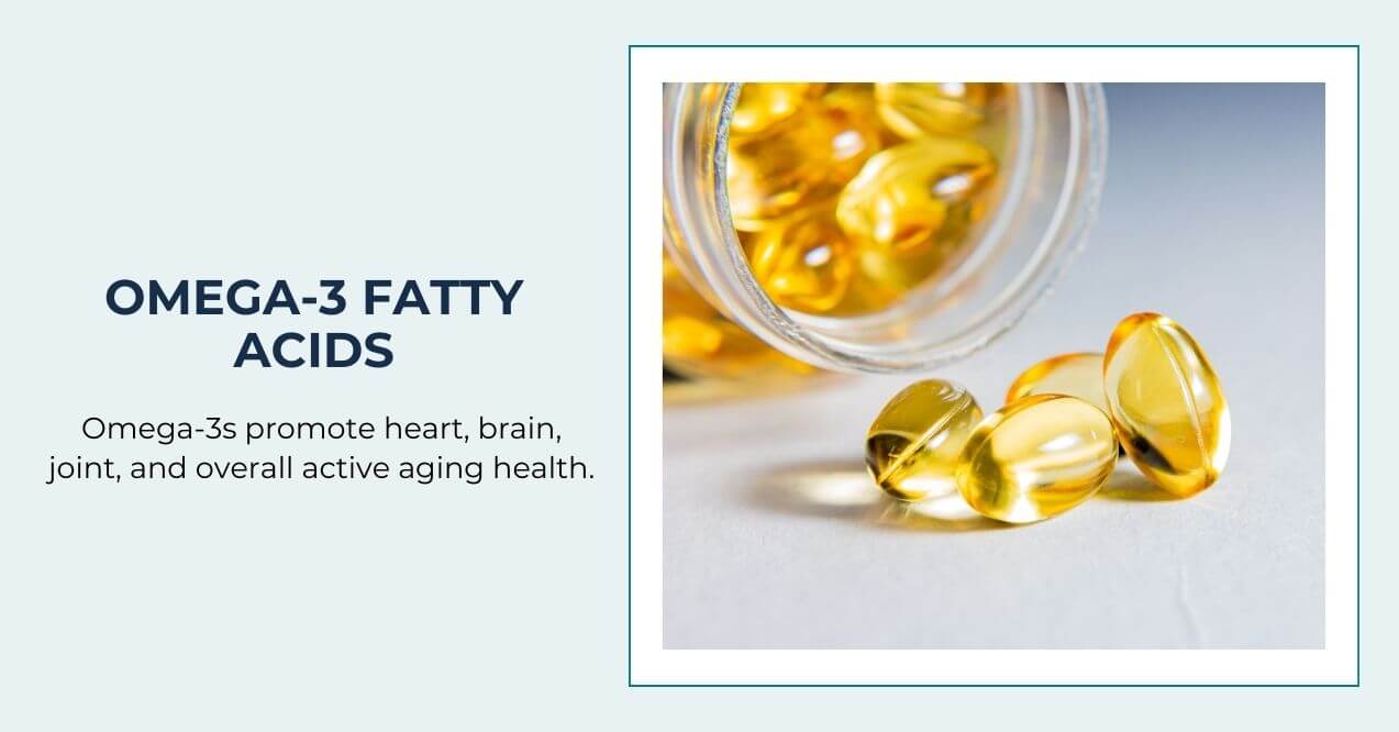 Omega-3 supplement capsules spilling from a container