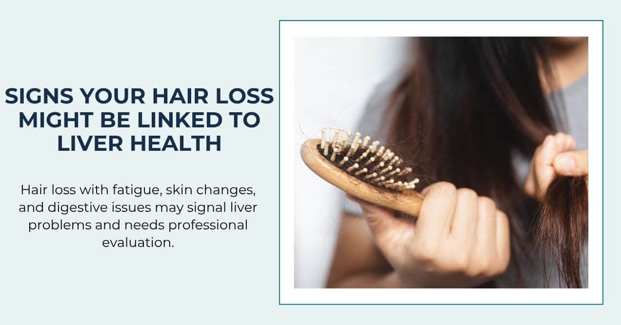 Woman examining hair loss on a brush, holding hair strands.