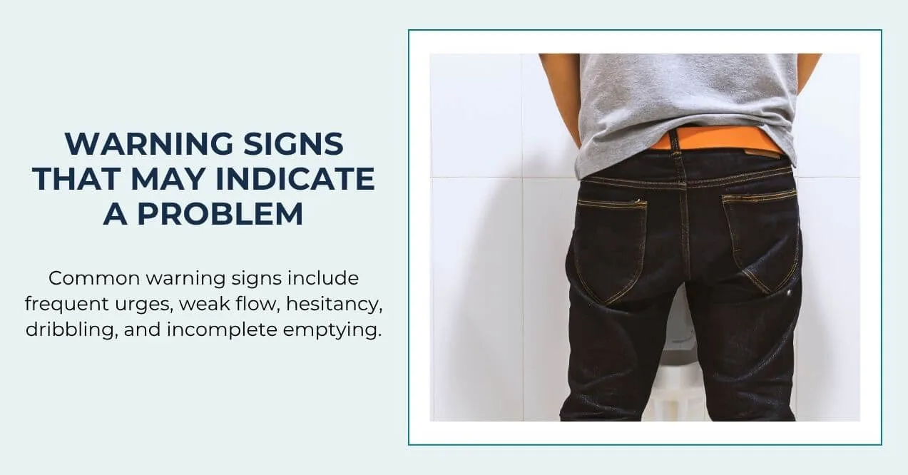 Man standing at urinal, showing signs of prostate-related urinary issues.
