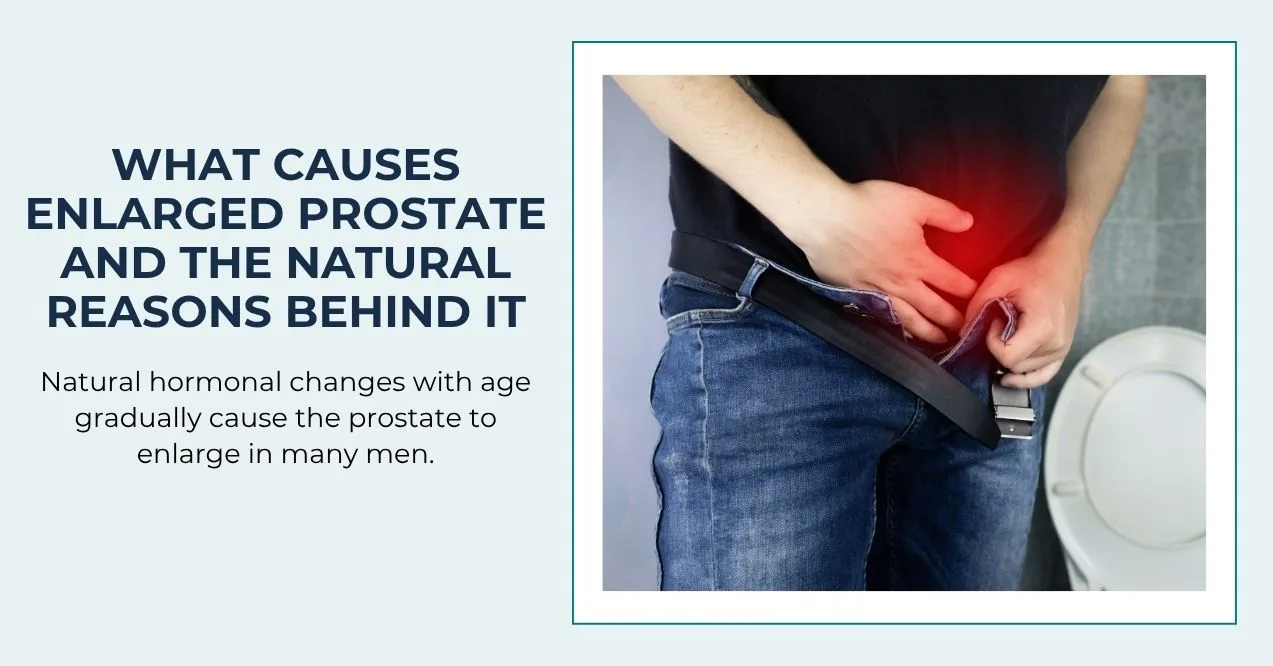 Man holding lower abdomen in discomfort due to enlarged prostate symptoms