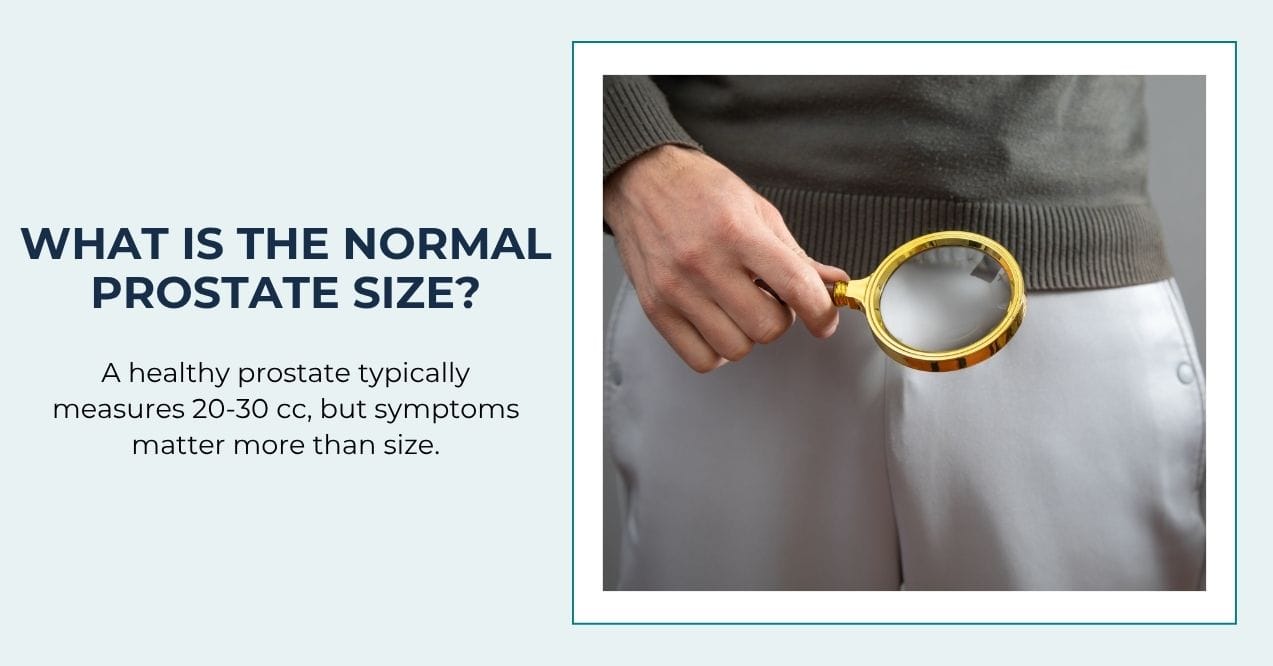 Man holding magnifying glass over groin to illustrate prostate health awareness.