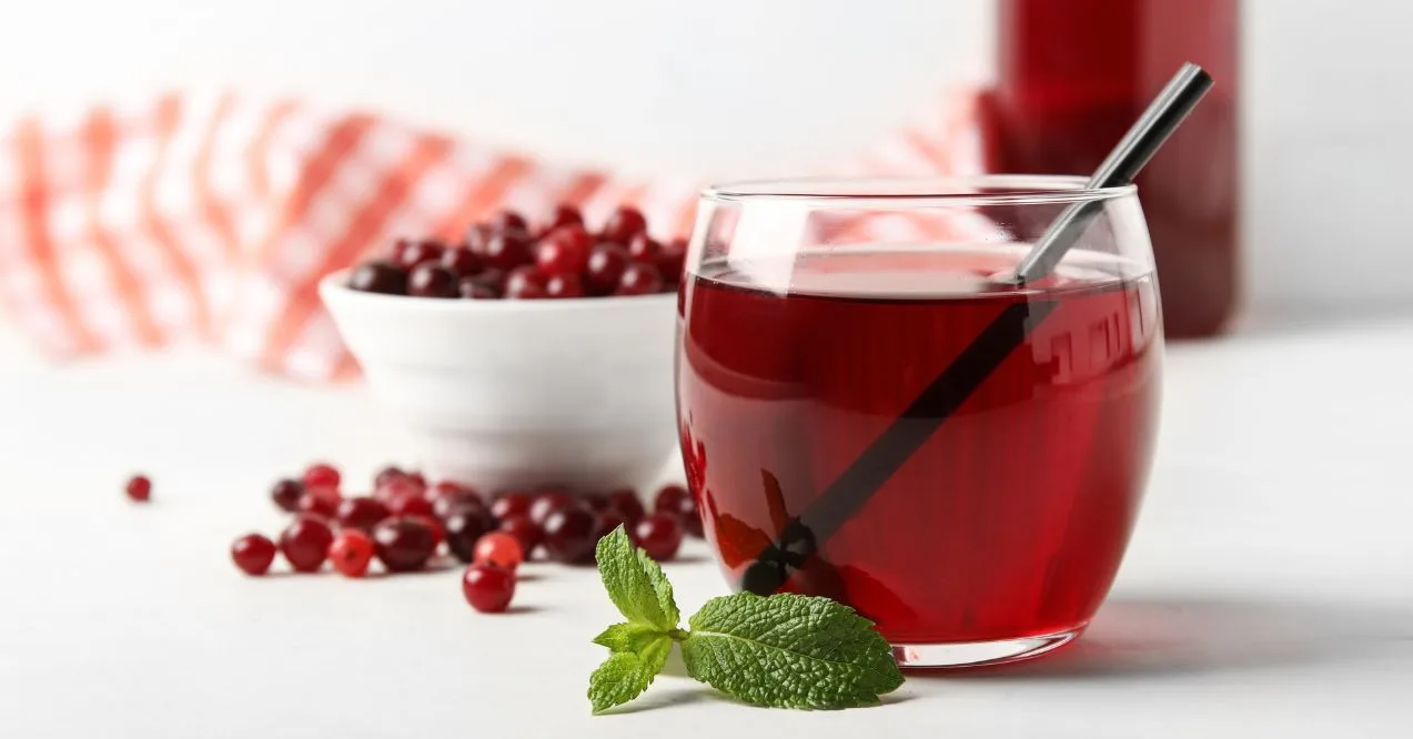 Glass of cranberry juice with mint and bowl of fresh cranberries resembling is cranberry juice good for acid reflux