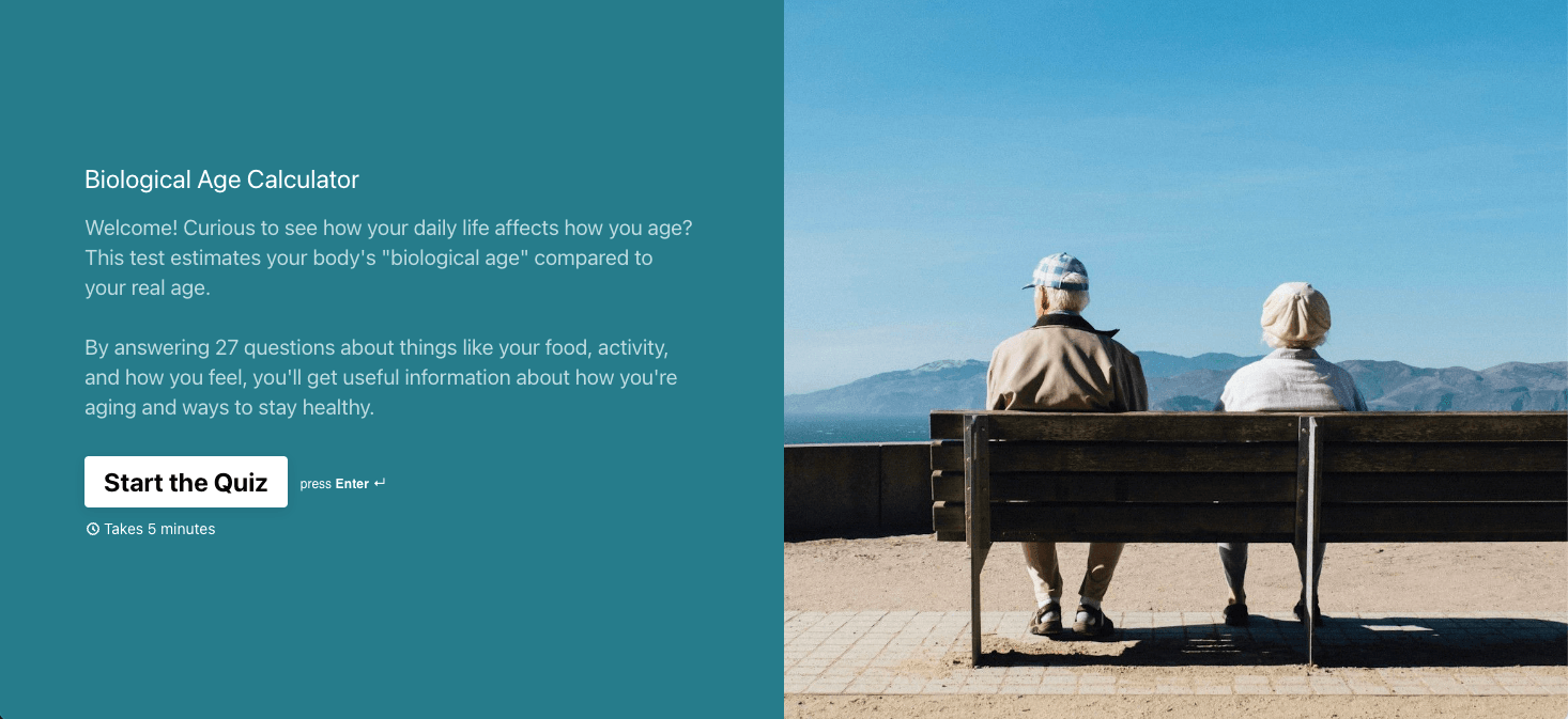 A screenshot of a "Biological Age Calculator" landing page with a photo of two people sitting on a bench.