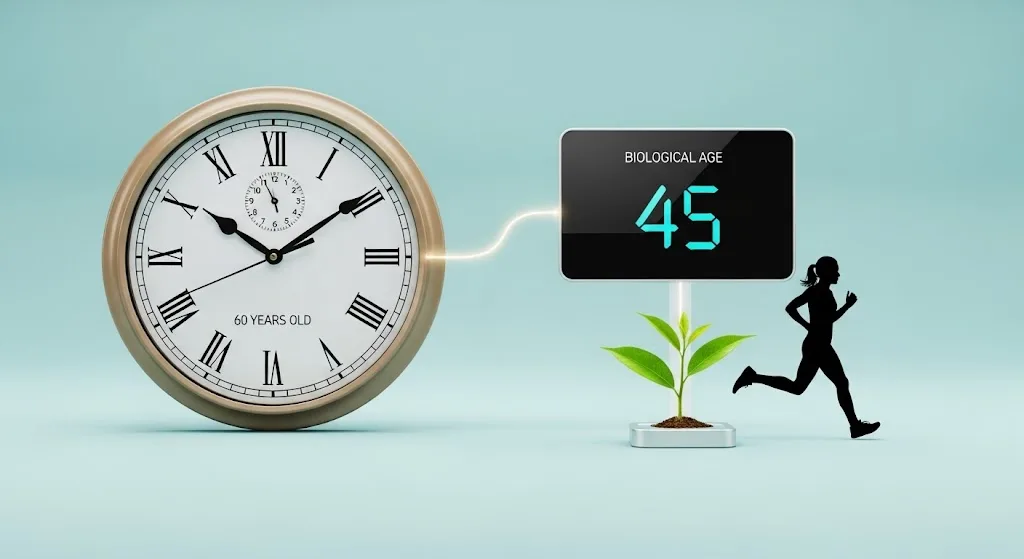 A clock showing 60 years old is connected to a digital screen showing a biological age of 45, with a plant and runner.