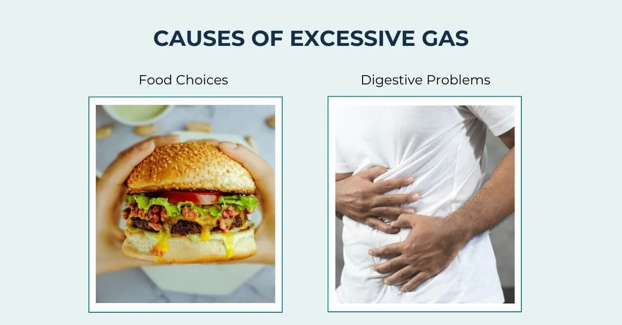 Burger and man clutching stomach from digestive discomfort