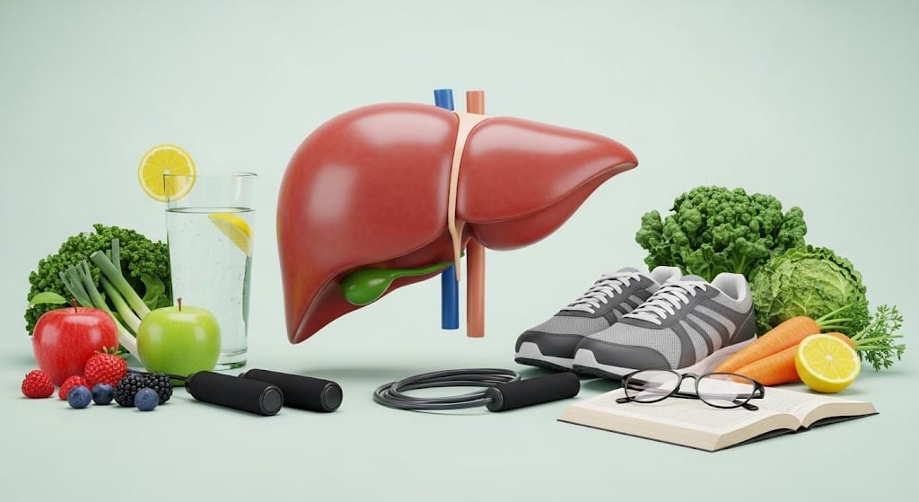 A 3D image of a healthy liver surrounded by symbols of a healthy lifestyle: fruits, vegetables, a glass of water, and exercise equipment.