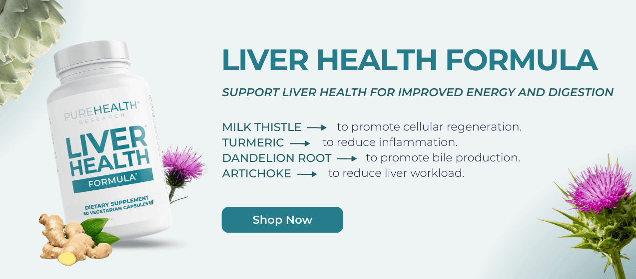 A "Liver Health Formula" product banner showing the supplement, key ingredients, their benefits, and a "Shop Now" button.