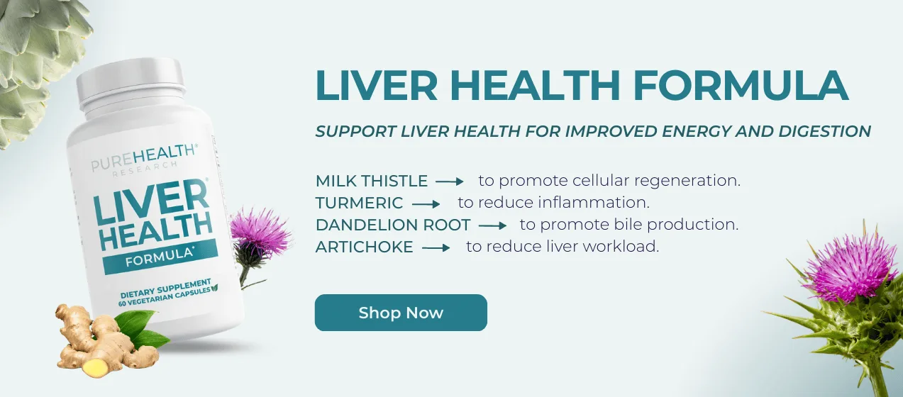 A "Liver Health Formula" product banner showing the supplement, key ingredients, their benefits, and a "Shop Now" button.