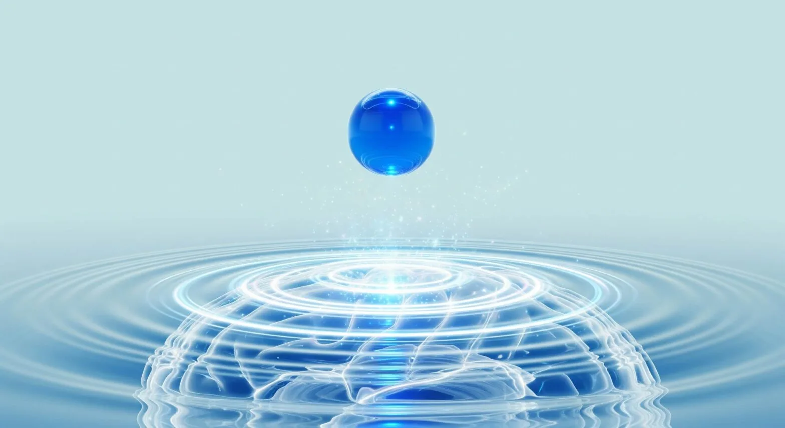 A conceptual image of a blue liquid droplet creating ripples of light as it falls into a brain.