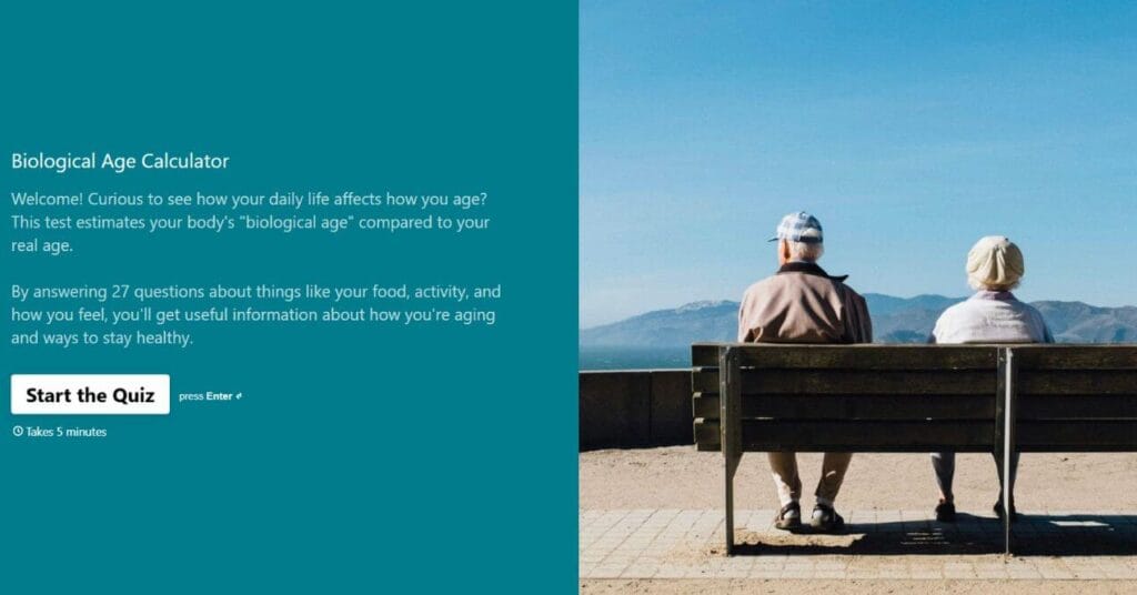 Biological age quiz with two seniors sitting on a bench by the sea