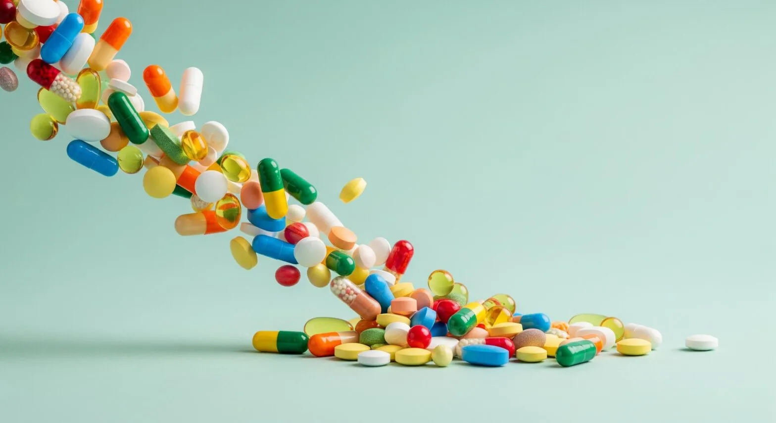 A dynamic, colorful stream of various vitamin and mineral supplements—including pills, capsules, and softgels—spilling diagonally onto a light greenish-blue background.
