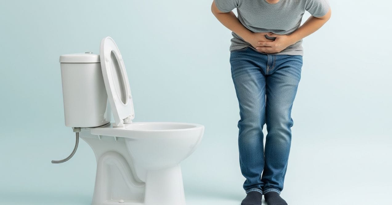 Man clutching stomach while standing near toilet resembling what causes excessive gas and frequent urination