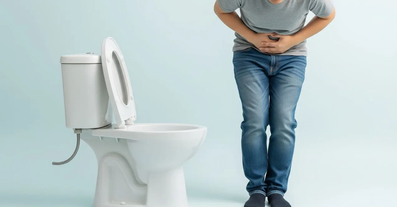 Man clutching stomach while standing near toilet resembling what causes excessive gas and frequent urination