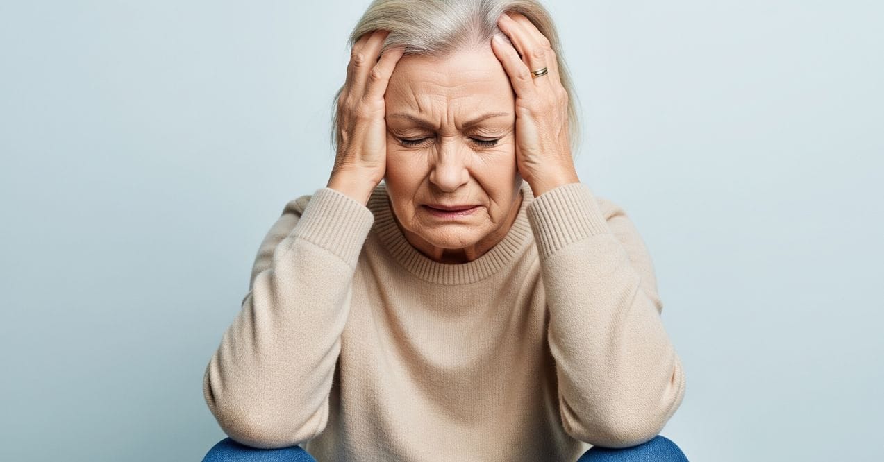 Elderly woman closing eyes and holding head in pain wondering what does a dehydration headache feel like
