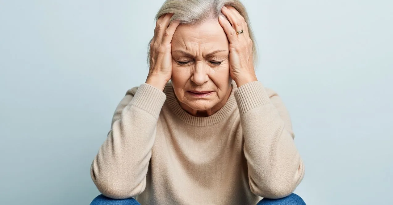 Elderly woman closing eyes and holding head in pain wondering what does a dehydration headache feel like