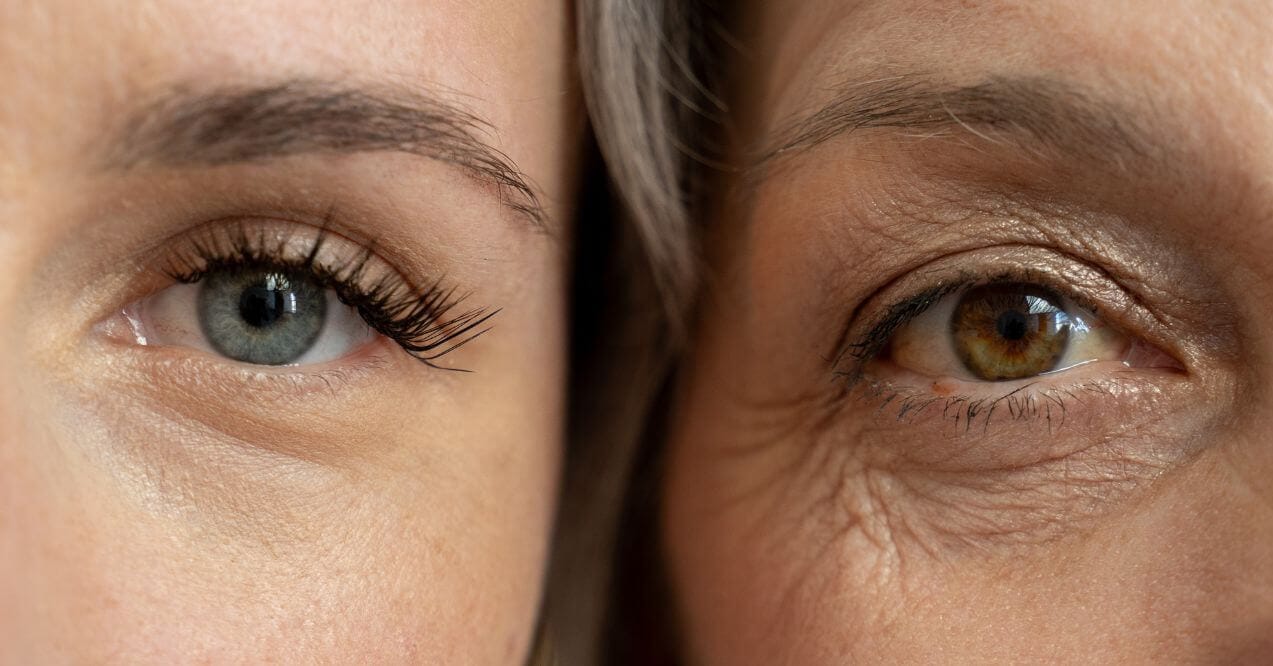 Close-up of young and older eyes side by side resembling the wonder what is my biological age