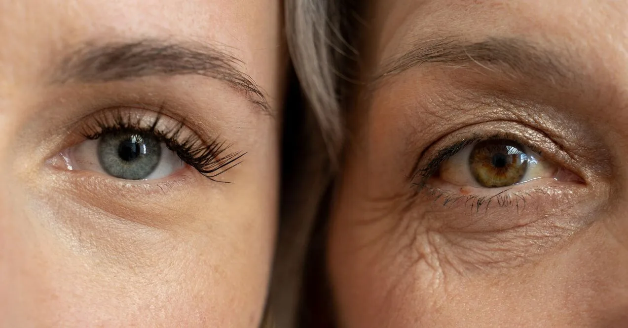 Close-up of young and older eyes side by side resembling the wonder what is my biological age