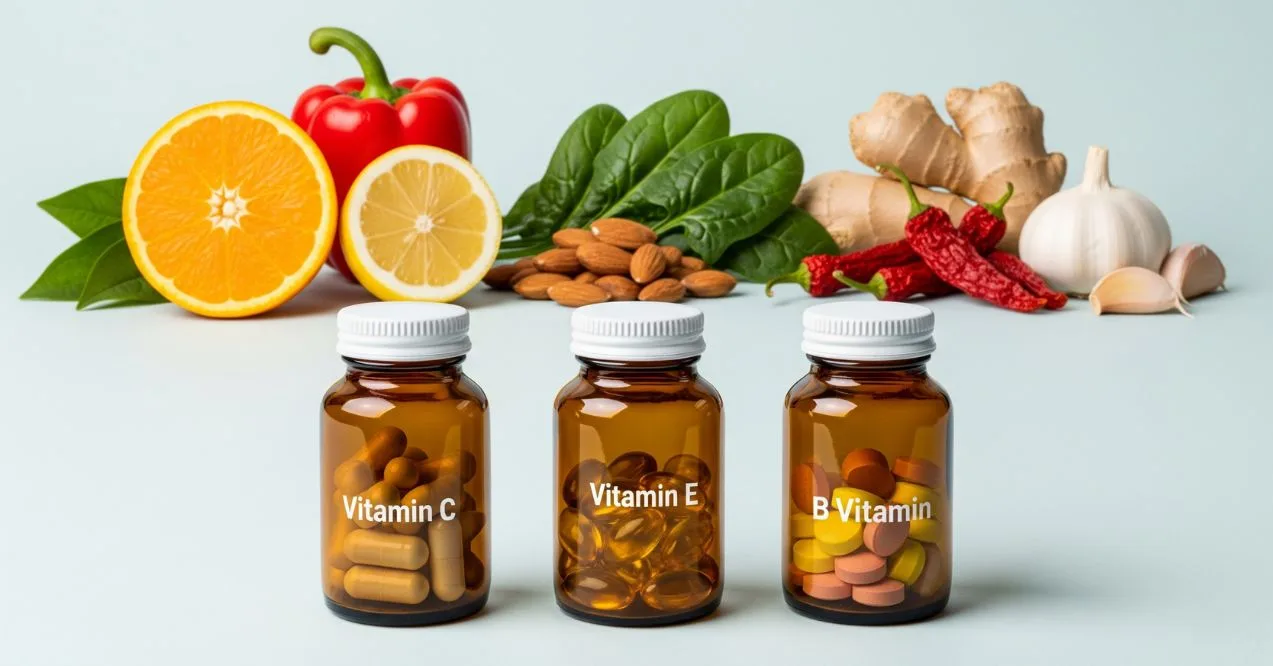 Best vitamins for blood flow: Vitamin C, Vitamin E, and B Vitamin supplement bottles with fruits, nuts, and herbs