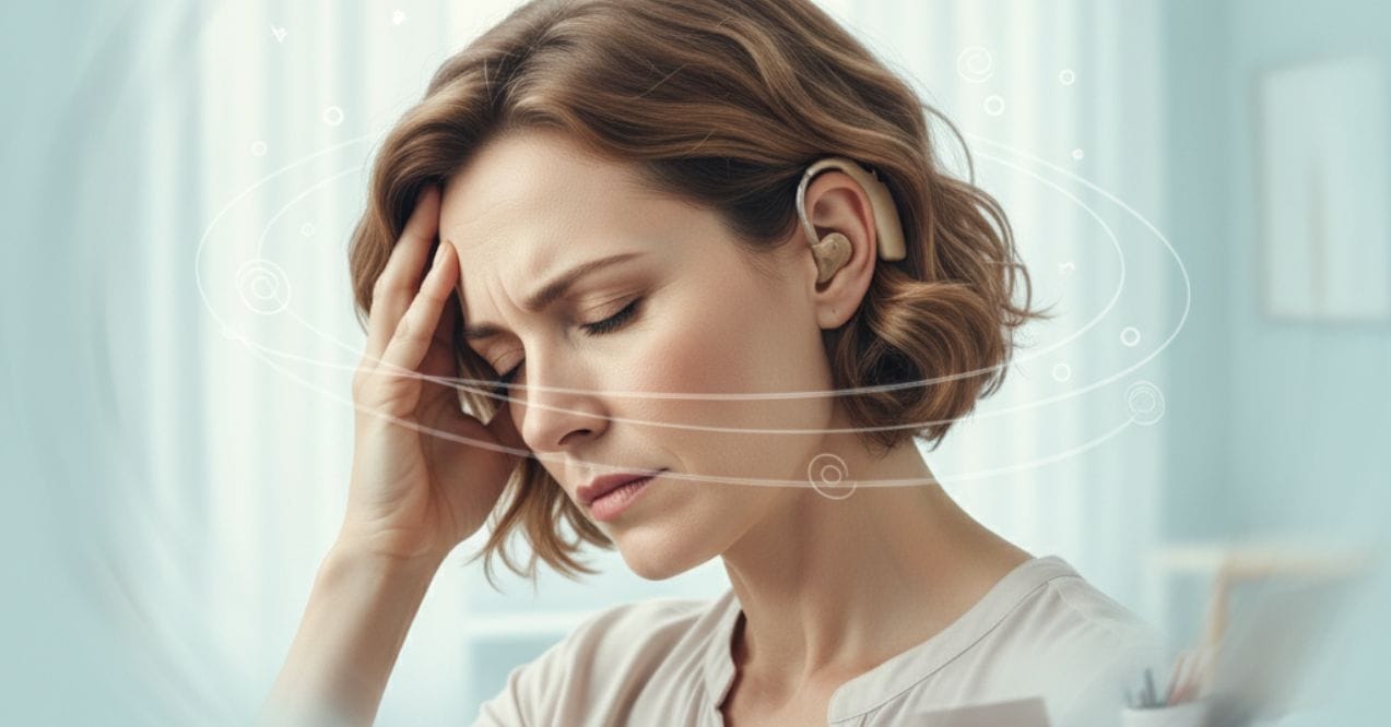 Woman with hearing aid feeling dizzy wondering can a hearing aid cause vertigo