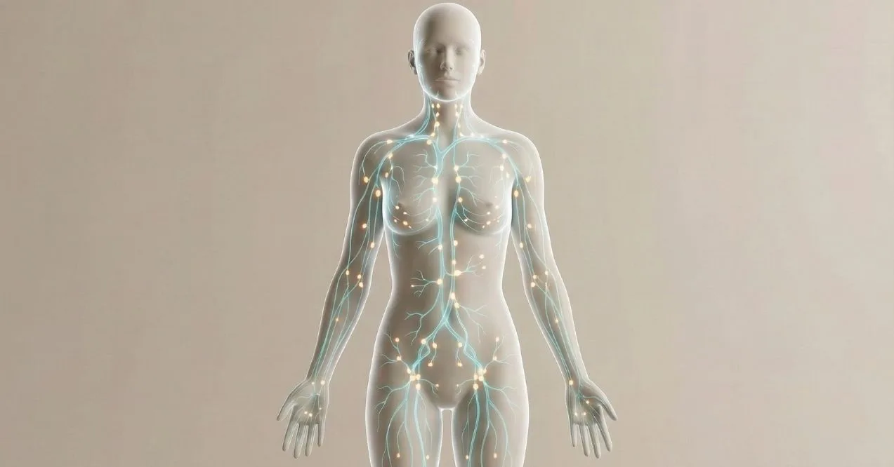 Lymphatic system illustration showing vessels and nodes across the human body