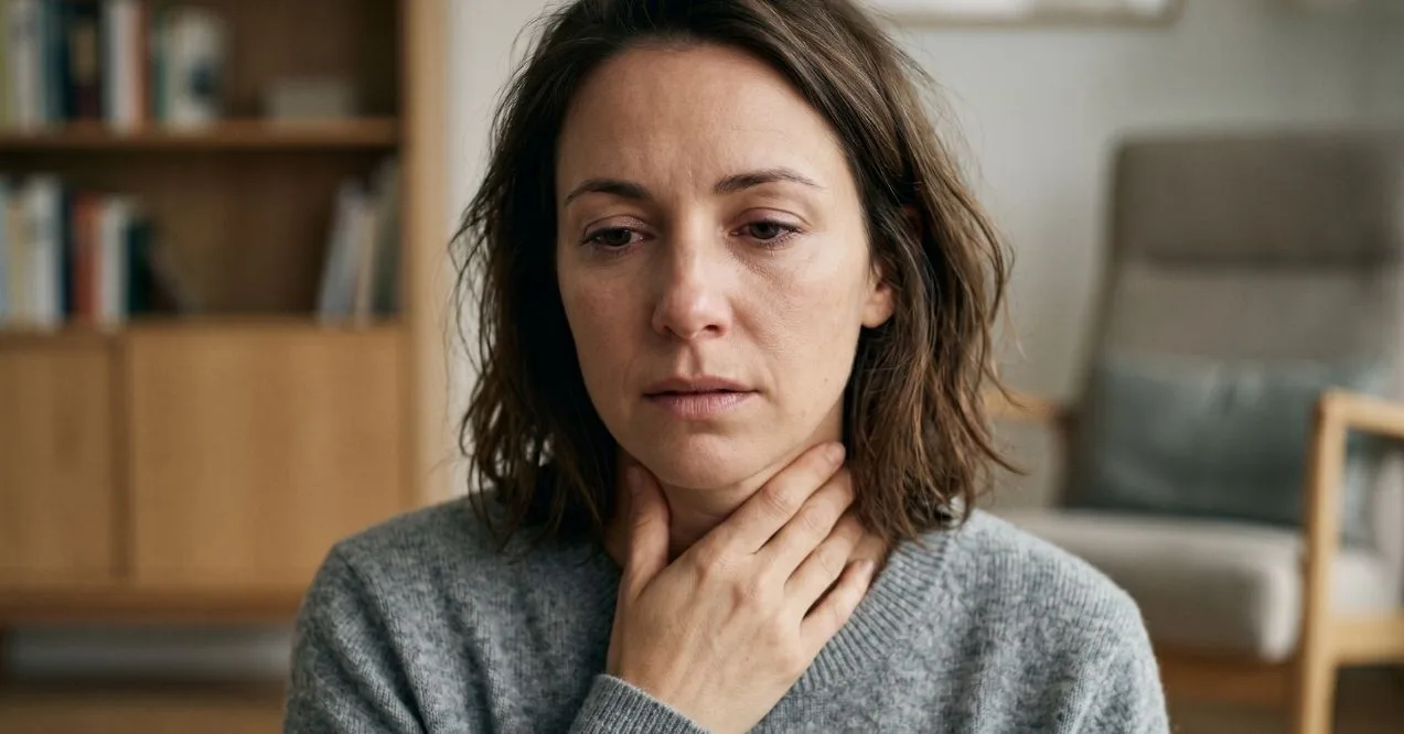 Woman holding her throat while experiencing throat discomfort