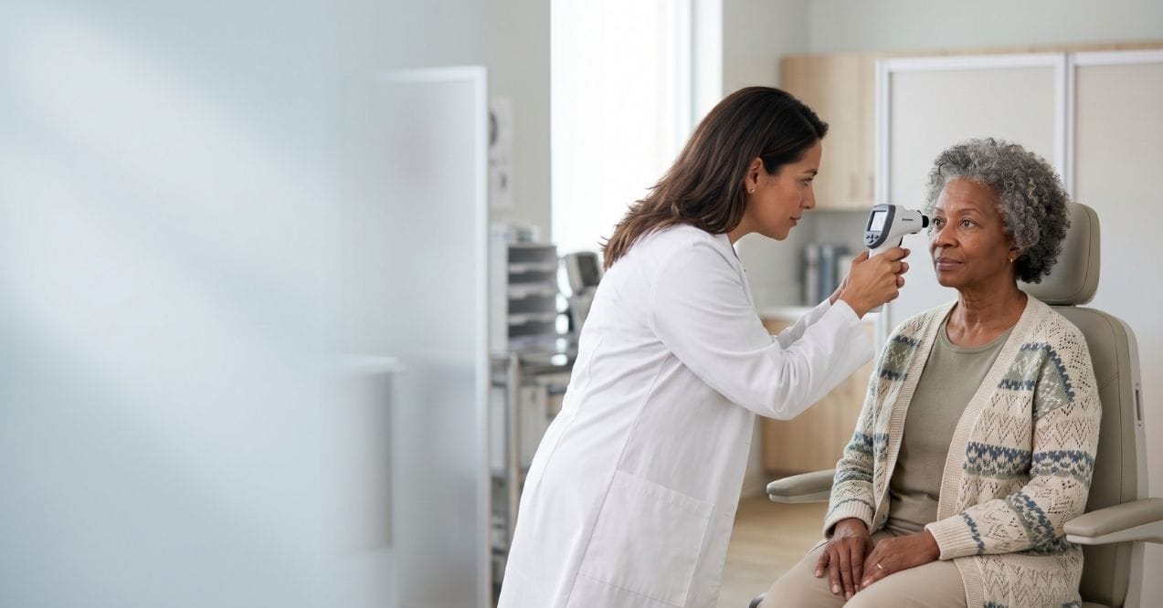 Eye exam with doctor to measure what is a normal eye pressure for seniors
