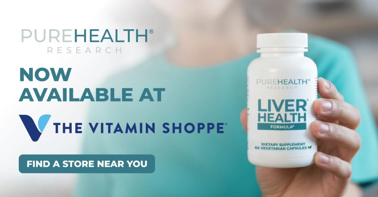 A woman holding Liver Health Formula Supplement featuring "Purehealth research now available at the vitamin shoppe" text