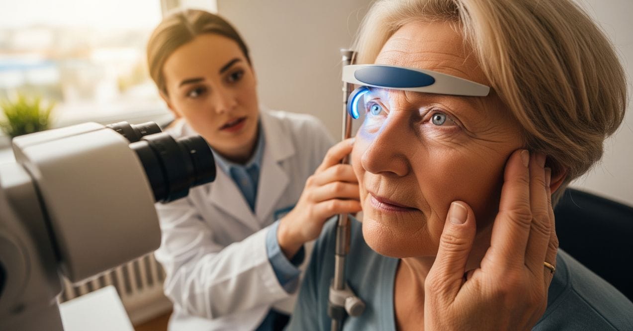 Eye exam with doctor using slit lamp to measure what is a normal eye pressure for seniors