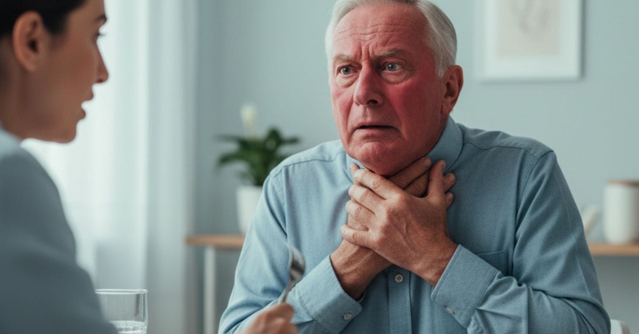 Elderly man clutching throat in discomfort wondering why do i always have mucus in my throat