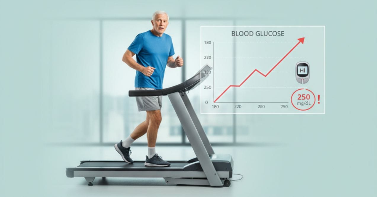 Senior man running on treadmill wondering why does my blood sugar go up when i exercise