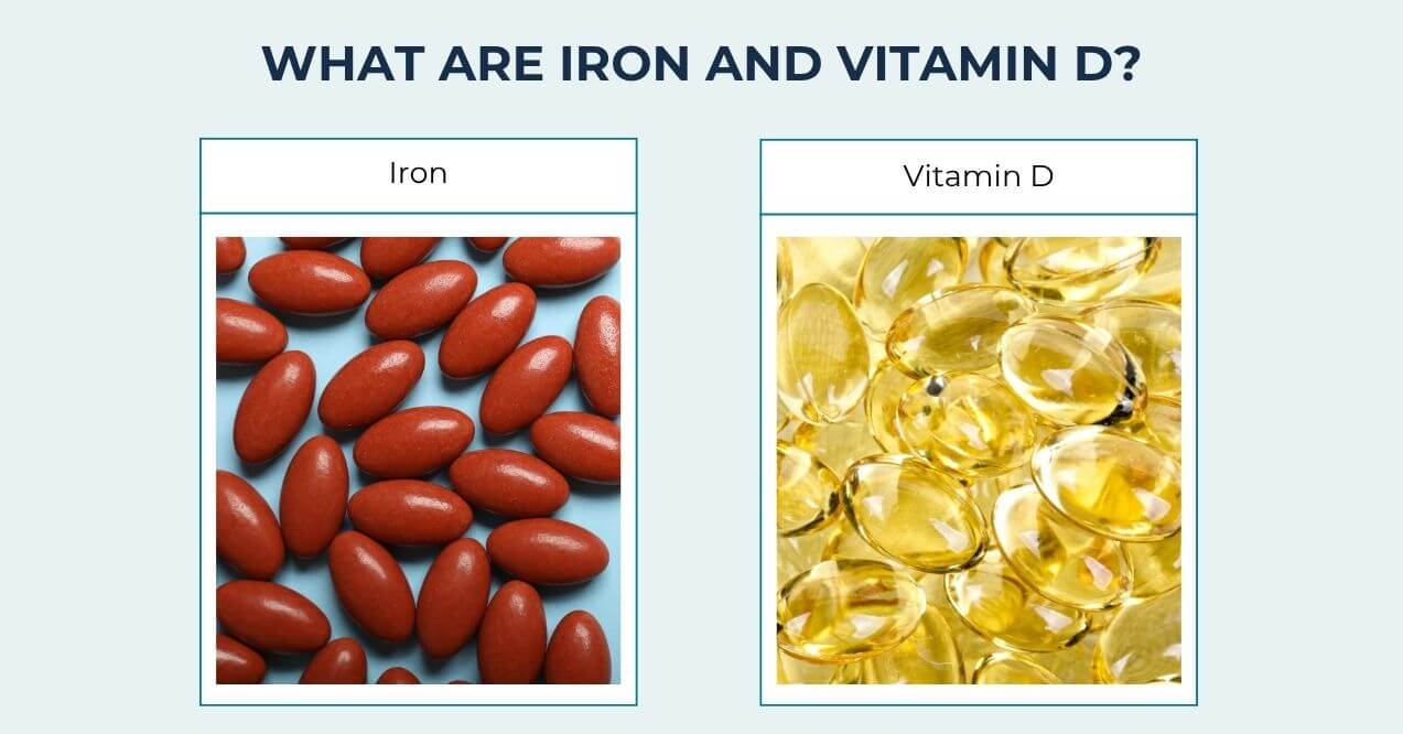 Red iron tablets and yellow vitamin D softgels side by side