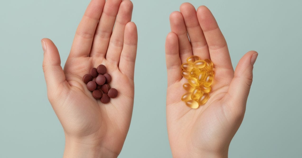 Hands holding iron and vitamin D capsules resembling can i take iron and vitamin d together