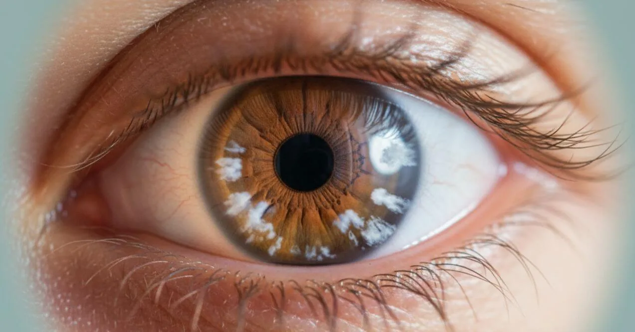 Detailed macro of brown iris with light reflections resembling can you reverse cataracts.