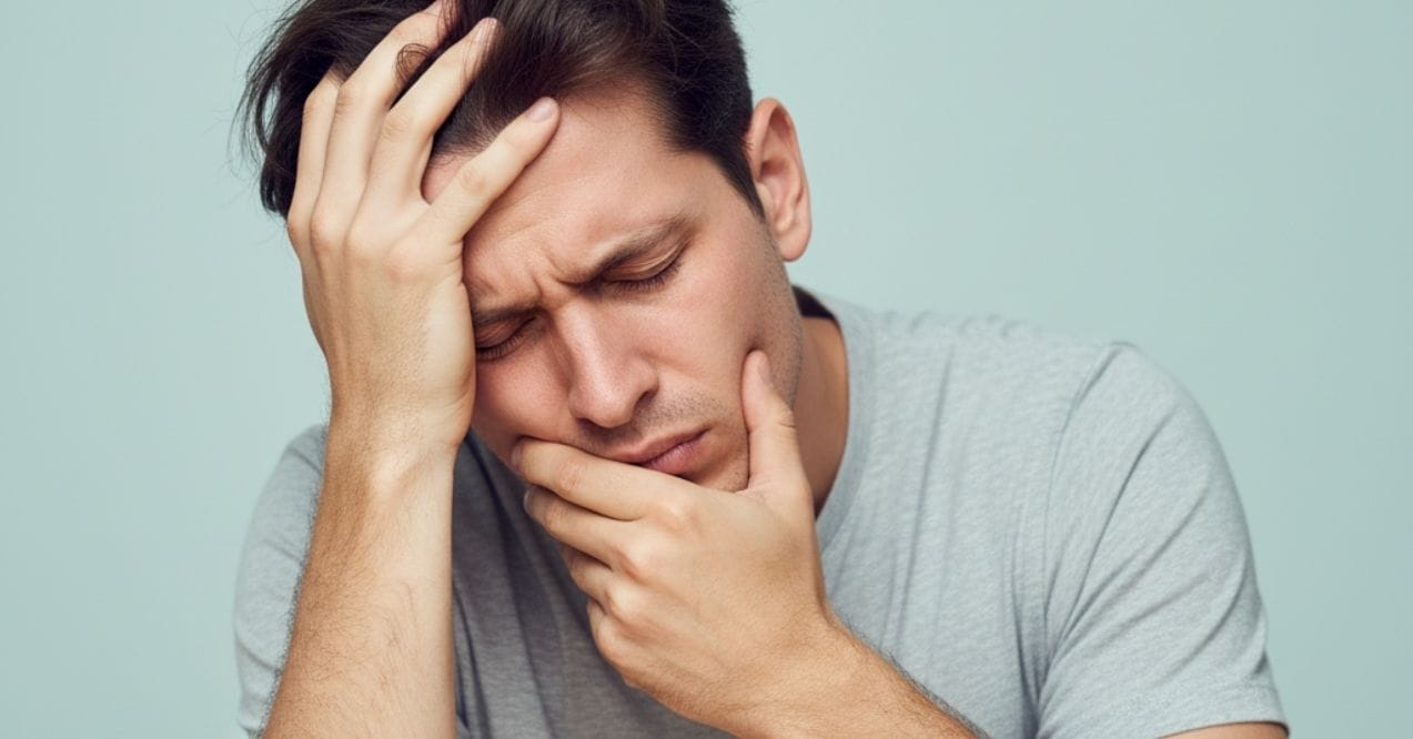 Man clutching head and jaw, grimacing with tooth pain and headache