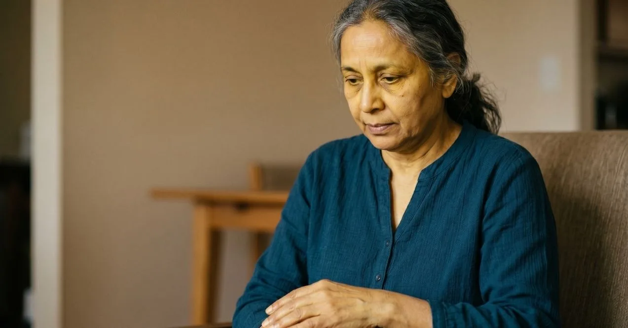 Older woman with yellowish skin tone sitting indoors looking fatigued