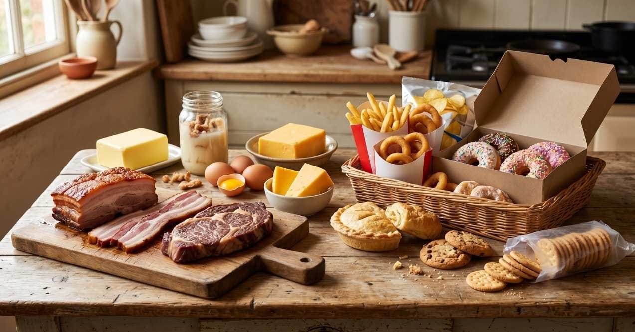 Table with red meat, butter, cheese, fries, donuts, and cookies