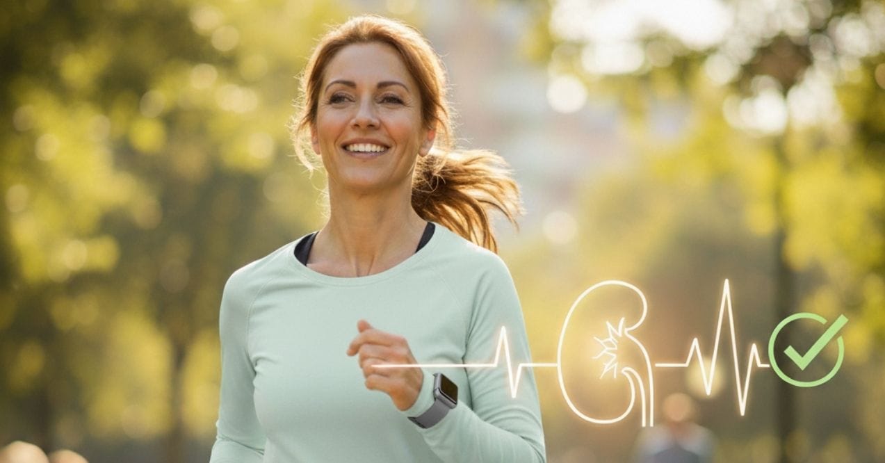 Woman jogging outdoors with a kidney health graphic overlay